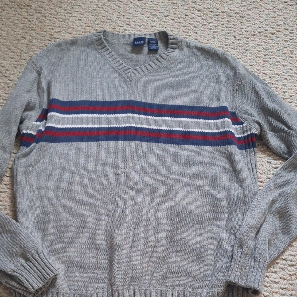 Basic Editions Gray V-Neck Sweater with Stripes
